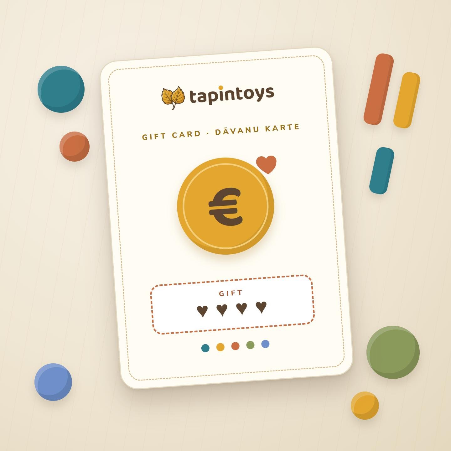 TapinToys gift card with a golden euro coin, among wooden balls and pegs